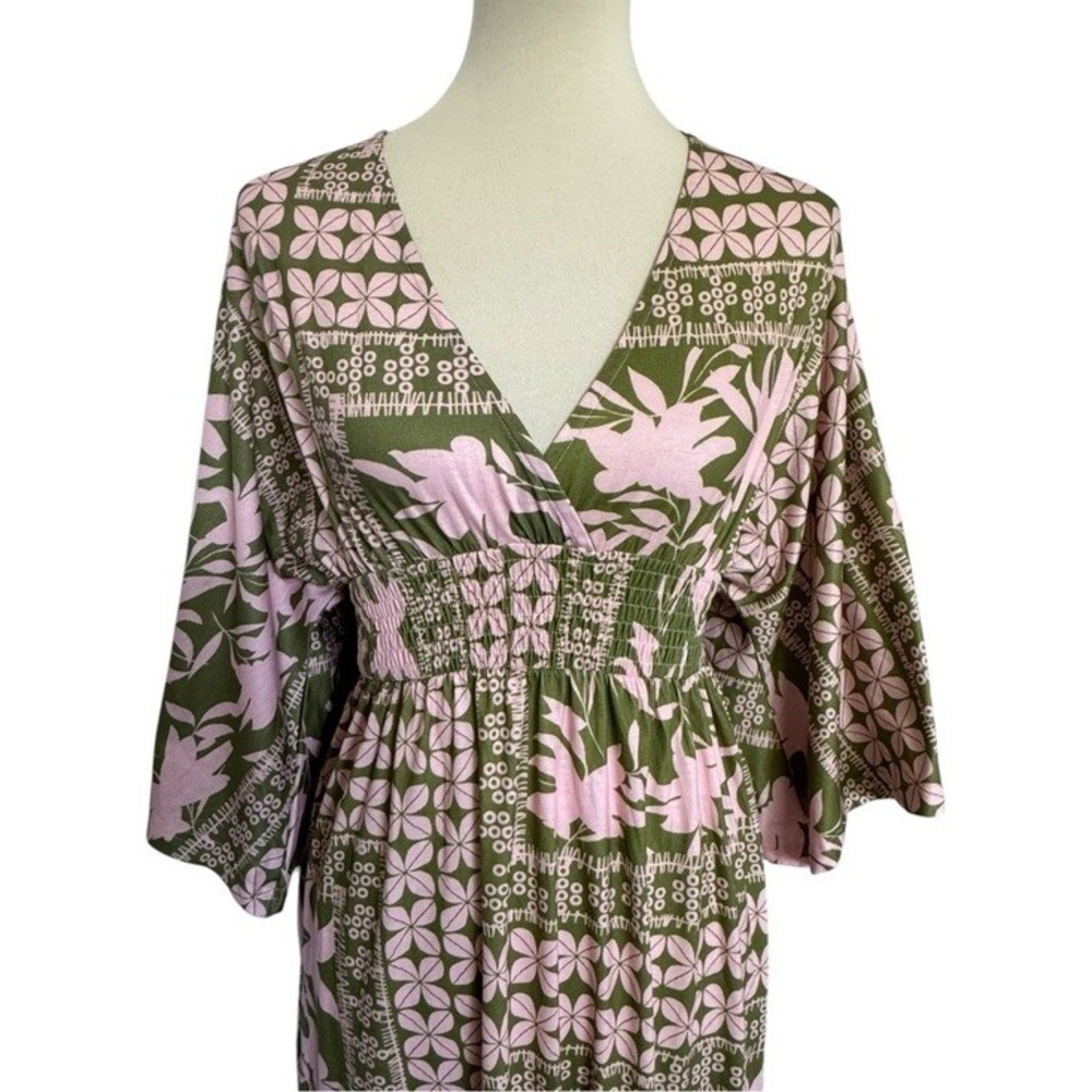 Unbranded Green & Pink Floral Boho Tropical Maxi Dress Kimono Sleeve Size Small - Picture 3 of 13
